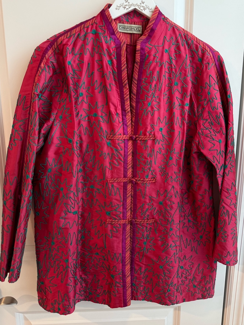Vintage Canvasbacks Silk Embroidered Jacket Frog Button Closures Medium Bohemian